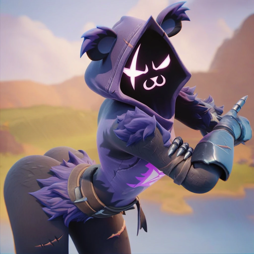 Raven team leader,purple hoodie, with no face, shadowed face, animal ears,purple skin, scar on eye, body skin, purple fur, waist belt, torso symbol, metal gloves, pointing your ass at the viewer, leaning forward, pushing, she closes her eyes, hands resting on top of a small wall, her with her eyes closed, hands are not in the air, expression of force, stomachache, stomach growling. scenery and a sunny day