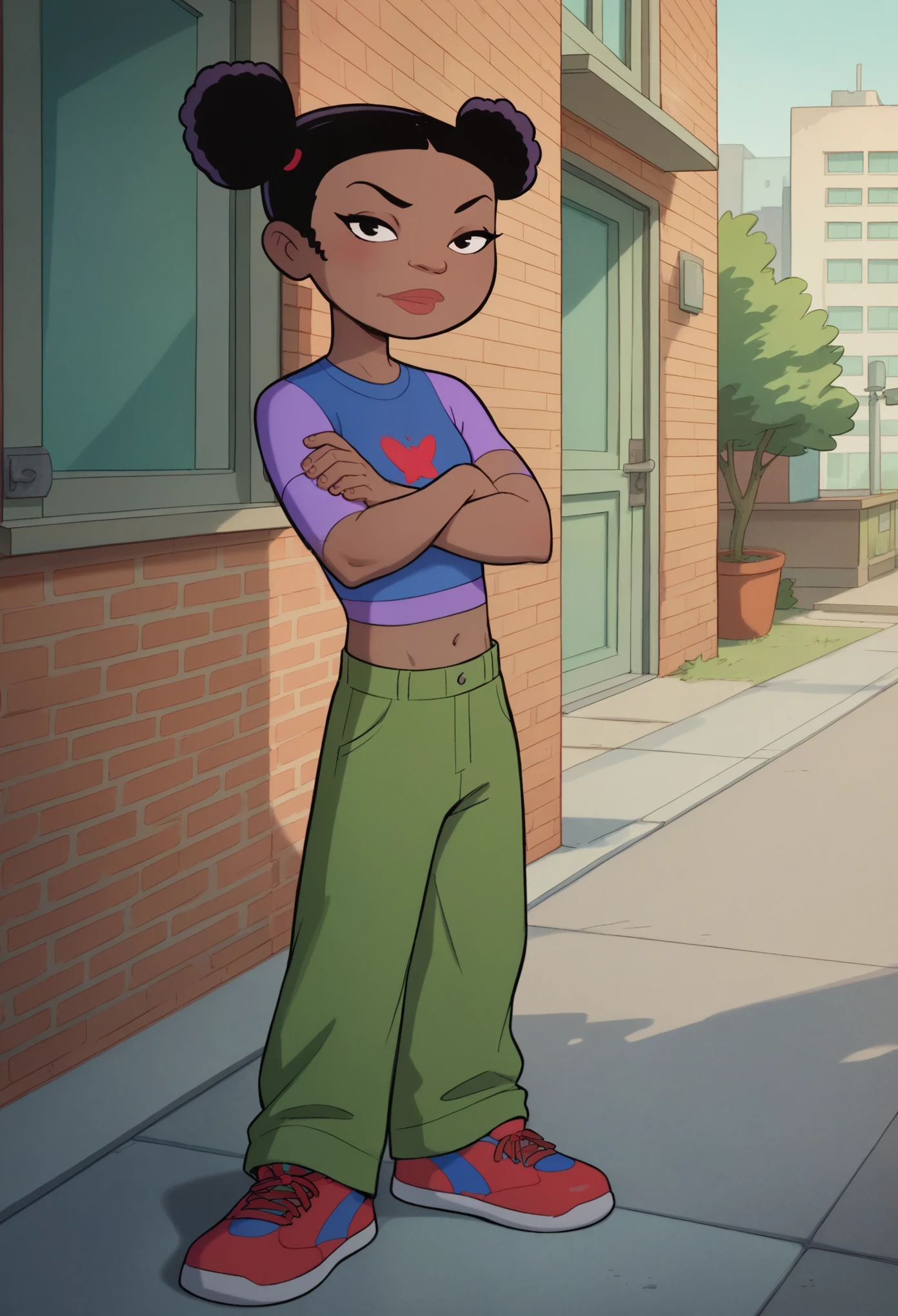 trixiecarter, 1girl, double bun, dark skin, black hair, t-shirt, solo, hair bun, black eyes, midriff, green pants, sneakers,looking at viewer,city, crossed arms,