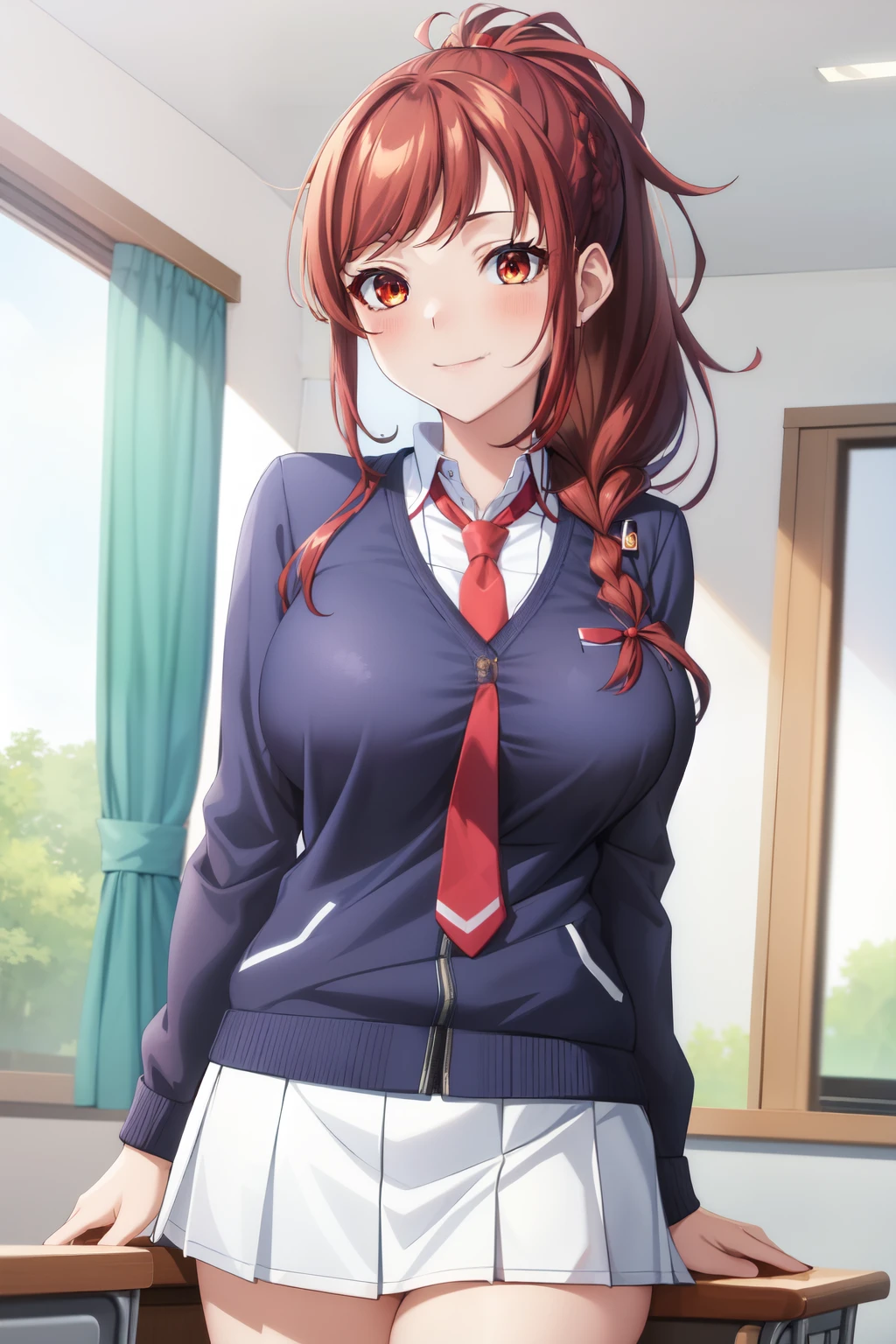 best quality, ((masterpiece)), highly detailed, school, classroom, 1girl, Kazama Kaede, looking at the viewer, smile, closed mouth, red eyes, red hair, long hair, ponytail, braid, bangs, (blue necktie:1.2), collared shirt, ((big breast)), black sweater, white jacket, miniskirt, white skirt, open clothes