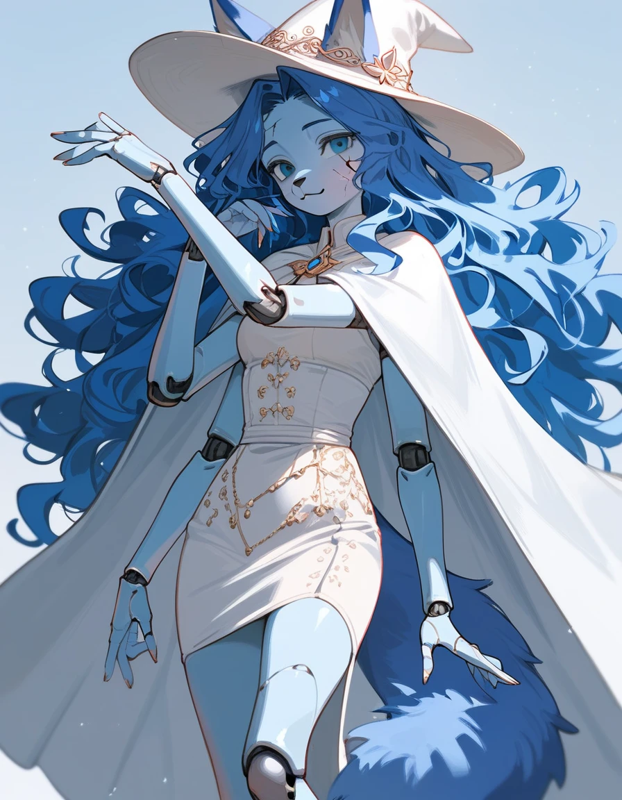 Score_9, score_8_up, score_7_up, masterpiece, best quality, 1girl, solo, an Anthro furry blue fox girl, fox snout, black nose, IncrsXLRanni, wavy hair, cracked skin, colored skin, blue fur, extra arms, four arms, doll joints, white dress, white hat, white cloak, posing elegantly