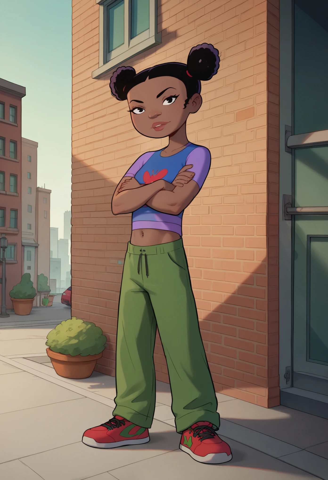trixiecarter, 1girl, double bun, dark skin, black hair, t-shirt, solo, hair bun, black eyes, midriff, green pants, sneakers,looking at viewer,city, crossed arms,