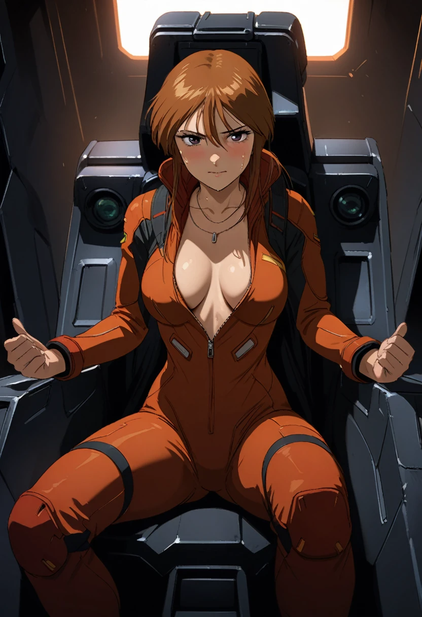 Ple Two,lppl2,perfect hands, perfect finger,perfect anatomy, masterpiece, best quality,realistic, hyperrealistic, 16k hdr,(red and black flight suit:1.2),gundamwingcockpit,amall breasts,sitting,spread legs,brown hair,open zipper,navel,,no bra,cleavage,necklace,sweat,