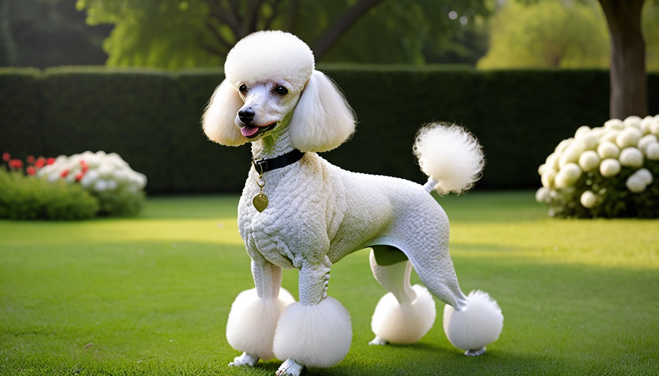 There is no one, realistic photo, photo realism, realism, poodle (Poodle), perfect composition, intricate details, Very sharp, masterpiece, profile, high resolution, looking at the viewer, Full body photo in garden background