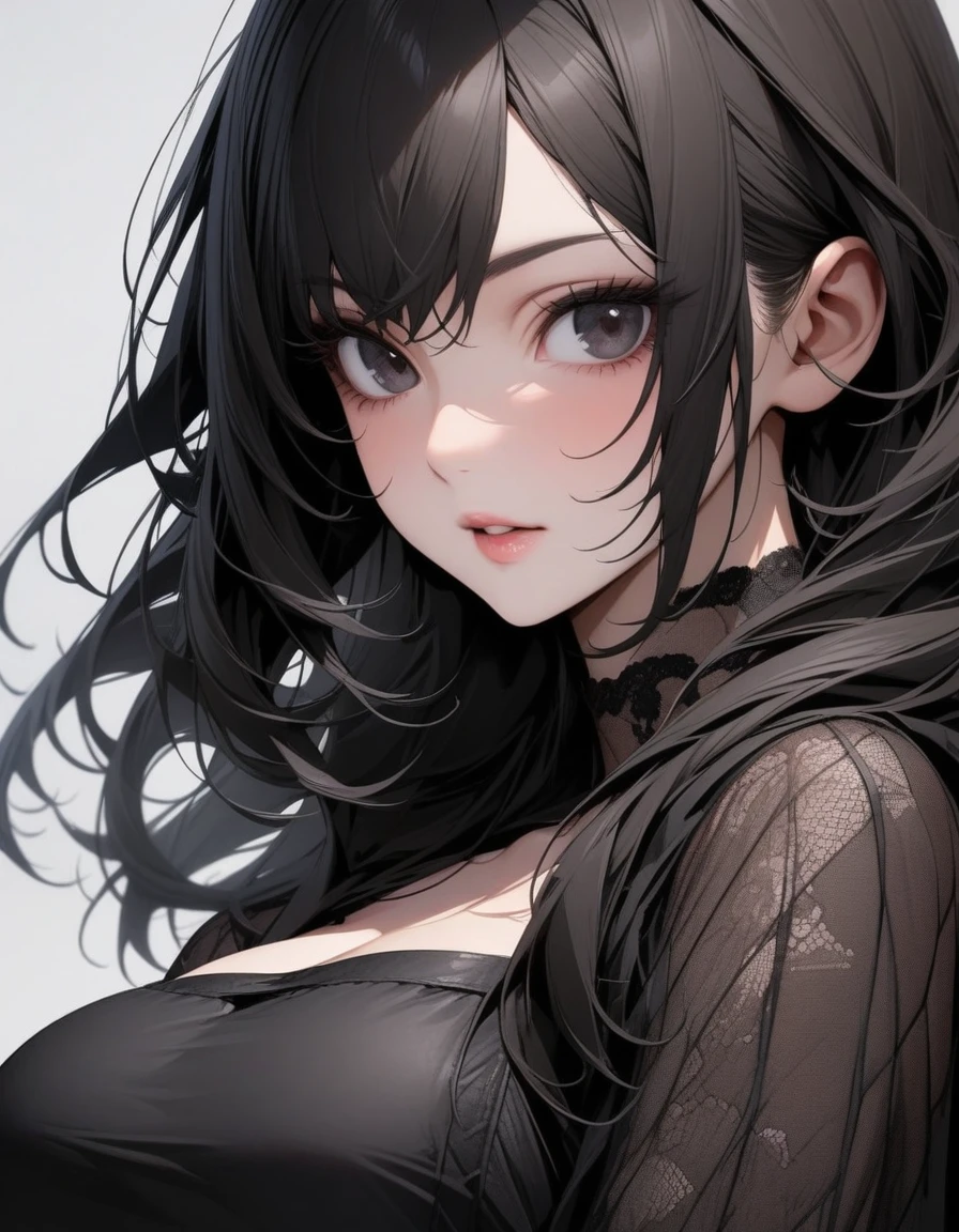 Mature big sister,Black long hair,Black tube top,Black Tulle Jacket,Beautiful black eyes,Extremely detailed,high resolution,Simple background