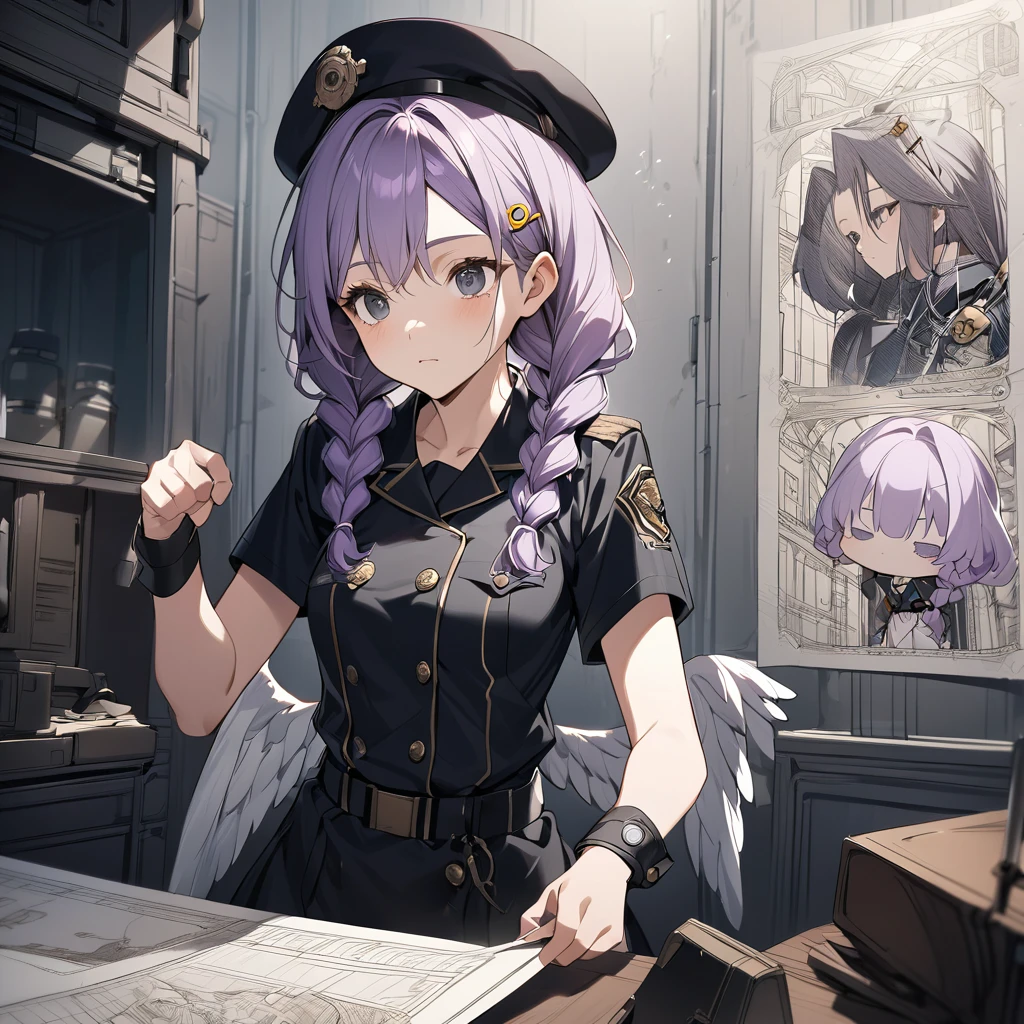  (Cute a girl:1.5), (a girl with closs hair pin,pale purple hair,wavy two braids,bluntbangs hair,green and black eyes :1.4), anime visual, (tilt head:1.3), extremely delicate face, soft clean focus, realistic lighting and shading, (an extremely delicate and beautiful art:1.3),  (muted colors:1.1), small breast,slim,In a steampunk command room, there is a display on the wall, with a line art drawing of the blueprints for the wings to be attached to the girl,

A female superior officer looks up at it and gives orders, wearing a blue military uniform, beret, and tight miniskirt,

The girl who is listening to the orders is wearing a black tank top and shorts,



