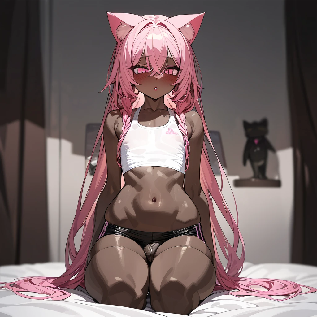 Best quality, highly detailed, ultra detailed, 1 very Dark brown skin boy, chocolate skin, flat chest, male chest, curvy body, long dreadlocks, pink dreadlocks, pink eyes, cat ears, lipgloss, wearing white croptop, biker shorts, bulge, bedroom background