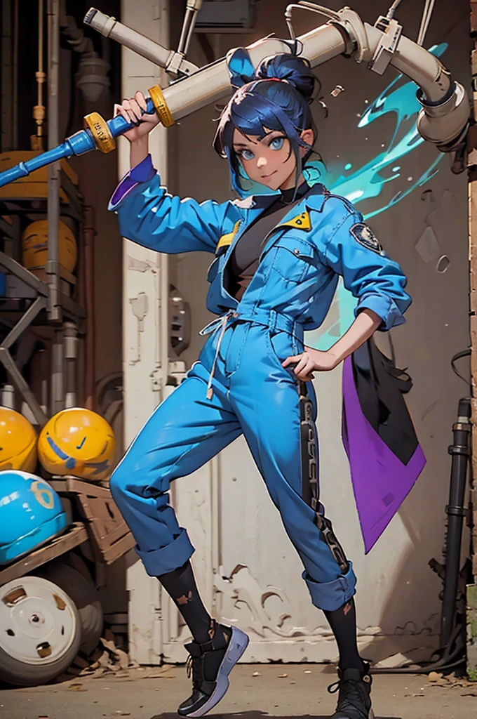 Blue workwear jumpsuit、A woman wearing a costume with glowing blue lines, cyber punk, Hard Rock Metal, Mosh Pit, (Highest quality,4K,8K,High resolution,masterpiece:1.2),Live Stage、Costume with glowing blue lines、Large sunglasses,Punkish hairstyle、Full body portrait、dynamic dancing
