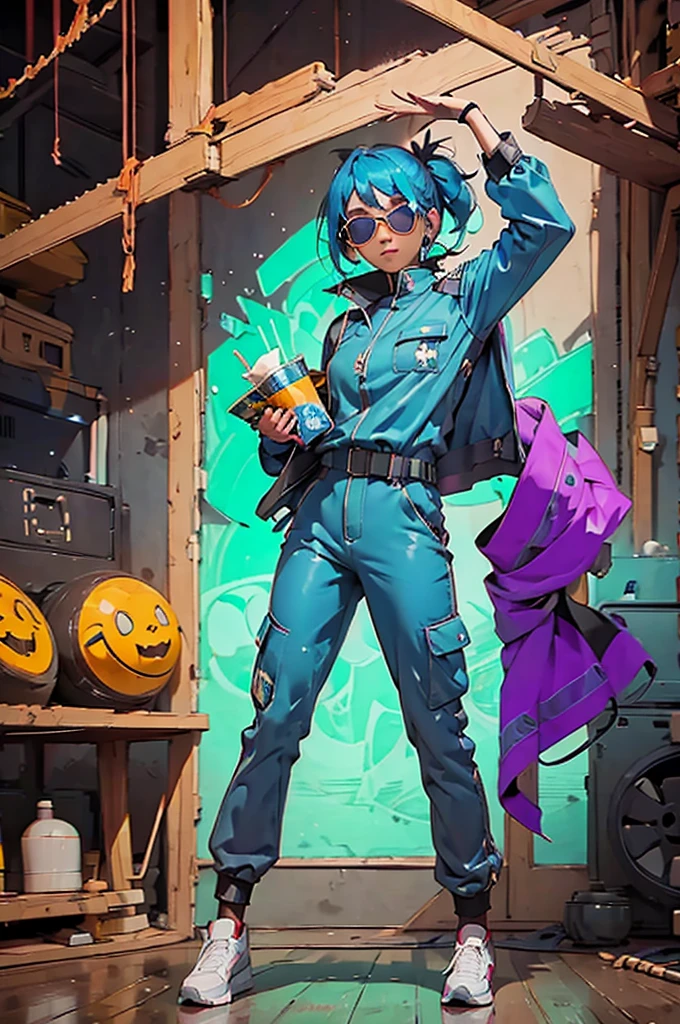 Blue workwear jumpsuit、A woman wearing a costume with glowing blue lines, cyber punk, Hard Rock Metal, Mosh Pit, (Highest quality,4K,8K,High resolution,masterpiece:1.2),Live Stage、Costume with glowing blue lines、Large sunglasses,Punkish hairstyle、Full body portrait、dynamic dancing
