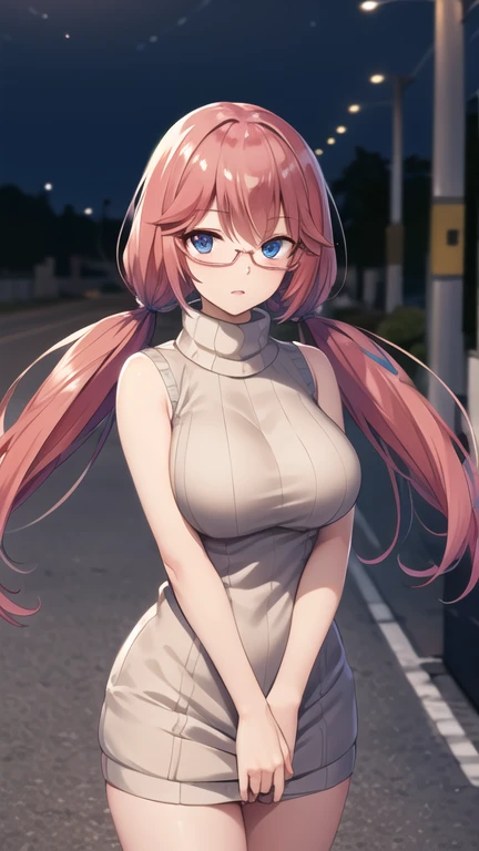 masterpiece, best quality, highres, 1girl, solo, long hair, pink hair, low twintails, blue eyes, glasses, large breasts, ribbed sweater, sweater dress, sleeveless, turtleneck, night, street, standing, cowboy shot,