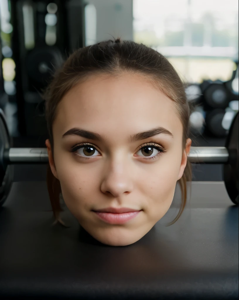((disembodied head on gym counter)), college babe, smile, wearing makeup, detailed skin texture, natural lighting, (realistic), best quality