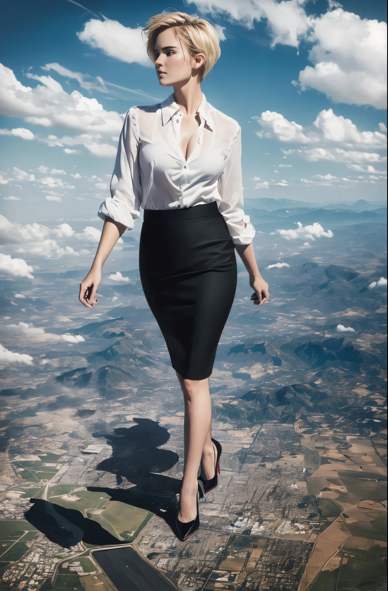 Zoey Deutch, (masterpiece, best quality, best shadows, best shading, perfect hands, perfect face, cinematic lighting, colorful, ultra-detailed, beautiful photography, character focus, extremely-detailed, photorealistic, hyper photorealism, atmospheric), (rural destruction:1.2), (giantess, stereotypical office worker), (dirty, filthy, unwashed, sweaty, unkempt, angry, tired, exhausted, annoyed), (walking, mid stride, stepping down on, stomping, crush, rampage), (black patent Louboutin pointed toe pumps, high heels, stiletto heels), ((revealing crisp white blouse, short black pencil skirt)), (short blonde pixie hair), (high altitude photography, satellite view), (exposed cleavage, heaving bosom, legs), (urban sprawl, farmland and small towns, destruction, buildings, roads), (cloudy, overcast, clouds and atmosphere partly obscuring the subject, hazy atmosphere, haze in foreground, wispy clouds)