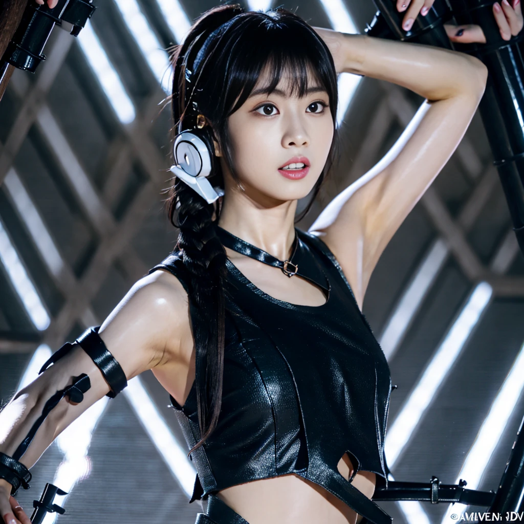 Highest quality，masterpiece，Very detailed, 8K，Beautiful 27 year old Japanese woman:1.5, Small face, blunt bangs, Crucifixion, (Detailed black K-pop idol outfit:1.5),　Breast Augmentation Surgery, Very detailedな臭い脇の下、　Live Stage、　height:164cm、　Black tube connected to the body