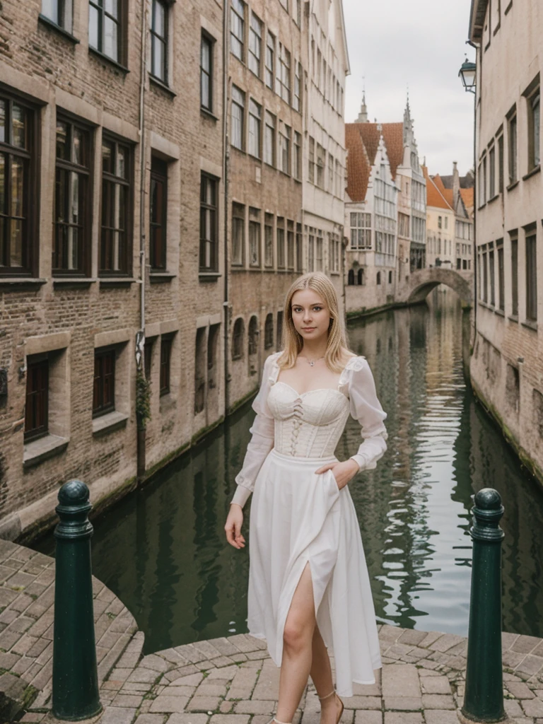 her name is Marie, high quality, 1girl, ((20-year-old fit Caucasian woman)), ((20 years old)), ((fit)), ((pale skin tone)), medium length straight blonde hair , wearing Lace-Up Corset Top + High-Waisted Pleated Skirt, pose: standing, background: Detail the picturesque streets of Bruges, Belgium, where cobblestone lanes, historic buildings, and serene canals create a postcard-perfect scene.