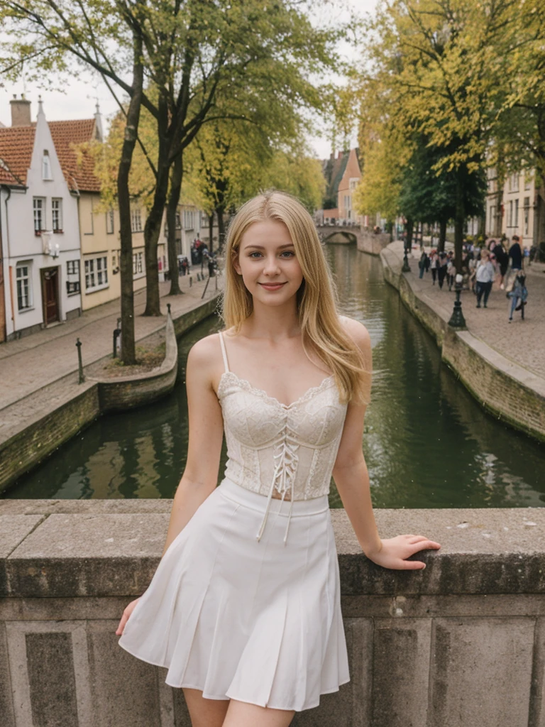her name is Marie, high quality, 1girl, ((20-year-old fit Caucasian woman)), ((20 years old)), ((fit)), ((pale skin tone)), medium length straight blonde hair , wearing Lace-Up Corset Top + High-Waisted Pleated Skirt, pose: standing, background: Detail the picturesque streets of Bruges, Belgium, where cobblestone lanes, historic buildings, and serene canals create a postcard-perfect scene.