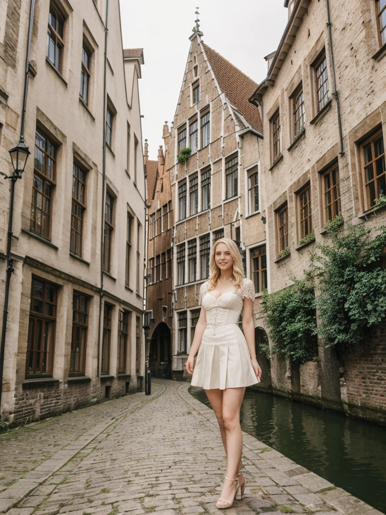 her name is Marie, high quality, 1girl, ((20-year-old fit Caucasian woman)), ((20 years old)), ((fit)), ((pale skin tone)), medium length straight blonde hair , wearing Lace-Up Corset Top + High-Waisted Pleated Skirt, pose: standing, background: Detail the picturesque streets of Bruges, Belgium, where cobblestone lanes, historic buildings, and serene canals create a postcard-perfect scene.