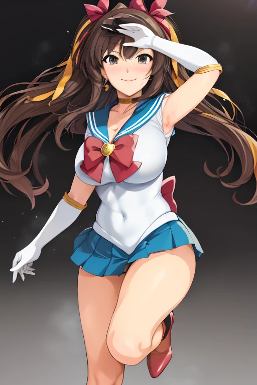 masterpiece, high definition, best quality, rendered art, well formed hands, fingers and body, 1 woman, solo, Haruhi Suzumiya, hair ribbon, adult, grown up, wearing Sailor Moon's outfit, big breasted, cleavage, full body, sexy sailor senshi uniform, short blue skirt, red boots, gorgeous hips, legs and thighs, white elbow gloves, sailor collar, tiara, earrings,fighting in a combat match, showing her fighting skills, making her guard, about to hit the viewer, looking at the viewer, sweating, bouncing breasts, smiling joyfully and brightly, being confident and proud, action and fighting scene, martial arts arena with beach environment