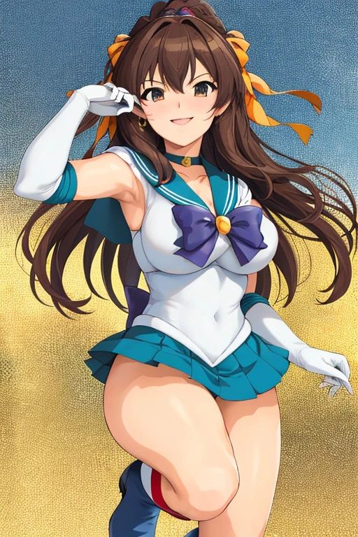 masterpiece, high definition, best quality, rendered art, well formed hands, fingers and body, 1 woman, solo, Haruhi Suzumiya, hair ribbon, adult, grown up, wearing Sailor Moon's outfit, big breasted, cleavage, full body, sexy sailor senshi uniform, short blue skirt, red boots, gorgeous hips, legs and thighs, white elbow gloves, sailor collar, tiara, earrings,fighting in a combat match, showing her fighting skills, making her guard, about to hit the viewer, looking at the viewer, sweating, bouncing breasts, smiling joyfully and brightly, being confident and proud, action and fighting scene, martial arts arena with beach environment      