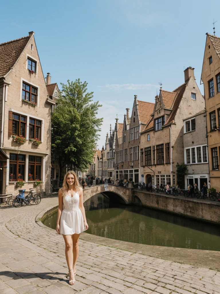 her name is Marie, high quality, 1girl, ((20-year-old fit Caucasian woman)), ((20 years old)), ((fit)), ((pale skin tone)), medium length straight blonde hair , wearing Lace-Up Corset Top + High-Waisted Pleated Skirt, pose: standing, background: Detail the picturesque streets of Bruges, Belgium, where cobblestone lanes, historic buildings, and serene canals create a postcard-perfect scene.