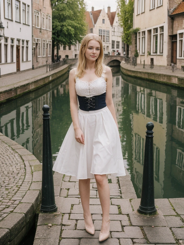 her name is Marie, high quality, 1girl, ((20-year-old fit Caucasian woman)), ((20 years old)), ((fit)), ((pale skin tone)), medium length straight blonde hair , wearing Lace-Up Corset Top + High-Waisted Pleated Skirt, pose: standing, background: Detail the picturesque streets of Bruges, Belgium, where cobblestone lanes, historic buildings, and serene canals create a postcard-perfect scene.