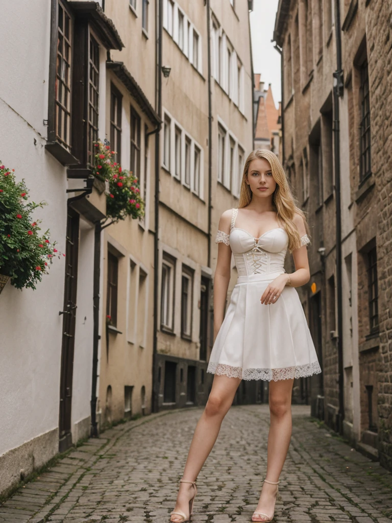 ultrarealistic high quality fullbody photo of a beautiful chubby european 18-year-old teen girl with cute hyperdetailed shy happy face and shoulder length platin-blonde classic bob and long legs, realistic round eyes, red lipgloss, decent makeup with eyeliner, wearing white long linen dress, cleavage, hourglass body, outdoor photography from behind, sunny day