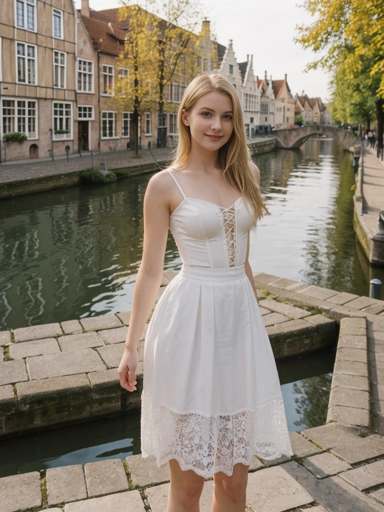 her name is Marie, high quality, 1girl, ((20-year-old fit Caucasian woman)), ((20 years old)), ((fit)), ((pale skin tone)), medium length straight blonde hair , wearing Lace-Up Corset Top + High-Waisted Pleated Skirt, pose: standing, background: Detail the picturesque streets of Bruges, Belgium, where cobblestone lanes, historic buildings, and serene canals create a postcard-perfect scene.