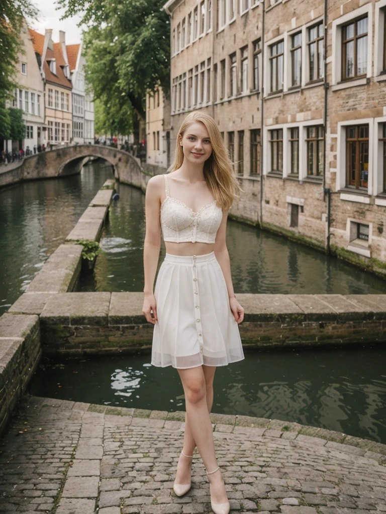 her name is Marie, high quality, 1girl, ((20-year-old fit Caucasian woman)), ((20 years old)), ((fit)), ((pale skin tone)), medium length straight blonde hair , wearing Lace-Up Corset Top + High-Waisted Pleated Skirt, pose: standing, background: Detail the picturesque streets of Bruges, Belgium, where cobblestone lanes, historic buildings, and serene canals create a postcard-perfect scene.