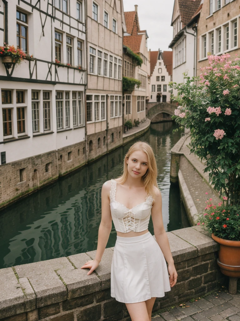 her name is Marie, high quality, 1girl, ((20-year-old fit Caucasian woman)), ((20 years old)), ((fit)), ((pale skin tone)), medium length straight blonde hair , wearing Lace-Up Corset Top + High-Waisted Pleated Skirt, pose: standing, background: Detail the picturesque streets of Bruges, Belgium, where cobblestone lanes, historic buildings, and serene canals create a postcard-perfect scene.