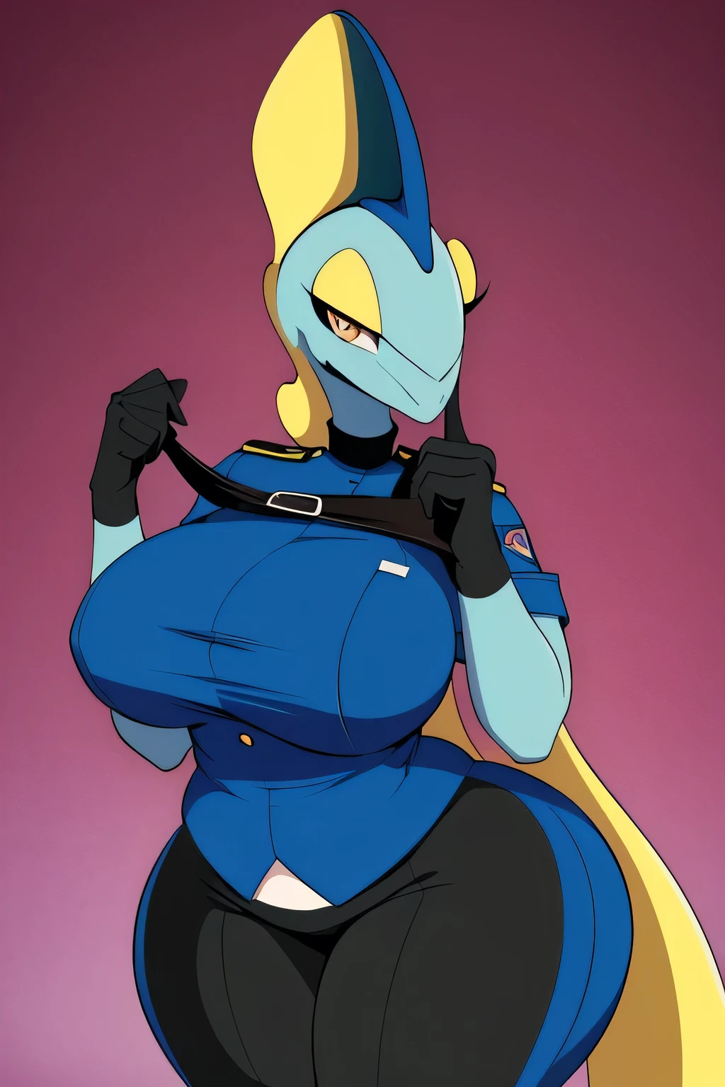 A thick Inteleon officer wearing a sexy uniform from 1940s in a very sexy pose. Give her hat a skull.