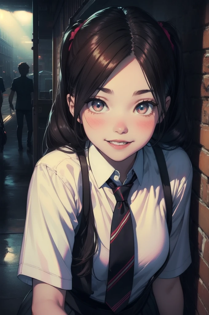 (Smoother lighting:1.05), (Improving the lighting quality of movies:0.9), One girl, Realistic lighting, Backlight, Light on the face, Ray-tracing, (Bright light:1.2), (Highest quality, masterpiece), female, smile, Laughter, , White shirt, tie, Pigtails, Long Hair, Redhead, blush, View Viewer, cute, Captivating eyes, (Brown eyes), slouch, School corridor