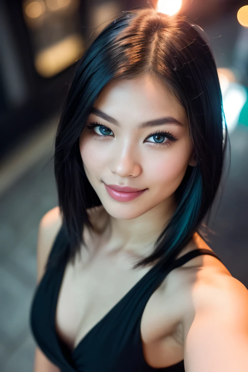 (selfie shot, from above: 1.4), (half-body portrait: 1.4), woman with white skin and Asian features, 24-year-old blue hair (green-eyed woman) walking in a bar RAW uhd portrait photo, natural breast_b, Her eyebrows are well-defined, with a natural arch that complements her eye shape. She has a small, elegant nose with a slight upward curve at the tip. Her lips are full and naturally pink, with a well-defined Cupid's bow. Her teeth are straight and white, enhancing her captivating smile. Her face has an oval shape with high cheekbones that add to her model-like appearance. city background at night, (yellow sundress), (crack), detailed (texture!, hair!, shine, color!!, flaws: 1.1), highly detailed glowing eyes, (looking at camera), specular light, dslr, extreme quality, sharp focus, sharp, dof, Film grain, (centered), Fujifilm XT3, crystal clear, center of frame, cute face, sharp focus, street lamp, neon lights, bokeh, (dark light), low key, night, (night sky ) detailed skin pores, oil Dark skin, brown, complex eye details