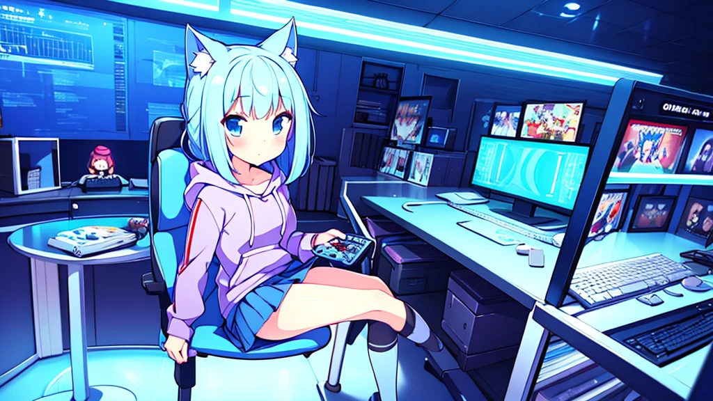 1 beautiful girl, great image quality ,nekomimi, with lots of detail, ray tracing, in a gaming,outfit hoodie, short pleated mini skirt, gamer, long stockings, blue eyes, blue hair long, , in a neon room, PC gaming, perfect anatomy,