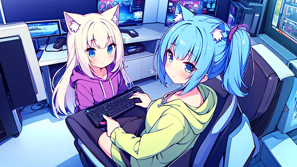 1 beautiful girl, great image quality ,nekomimi, with lots of detail, ray tracing, in a gaming,outfit hoodie, short pleated mini skirt, gamer, long stockings, blue eyes, blue hair long, , in a neon room, PC gaming, perfect anatomy,