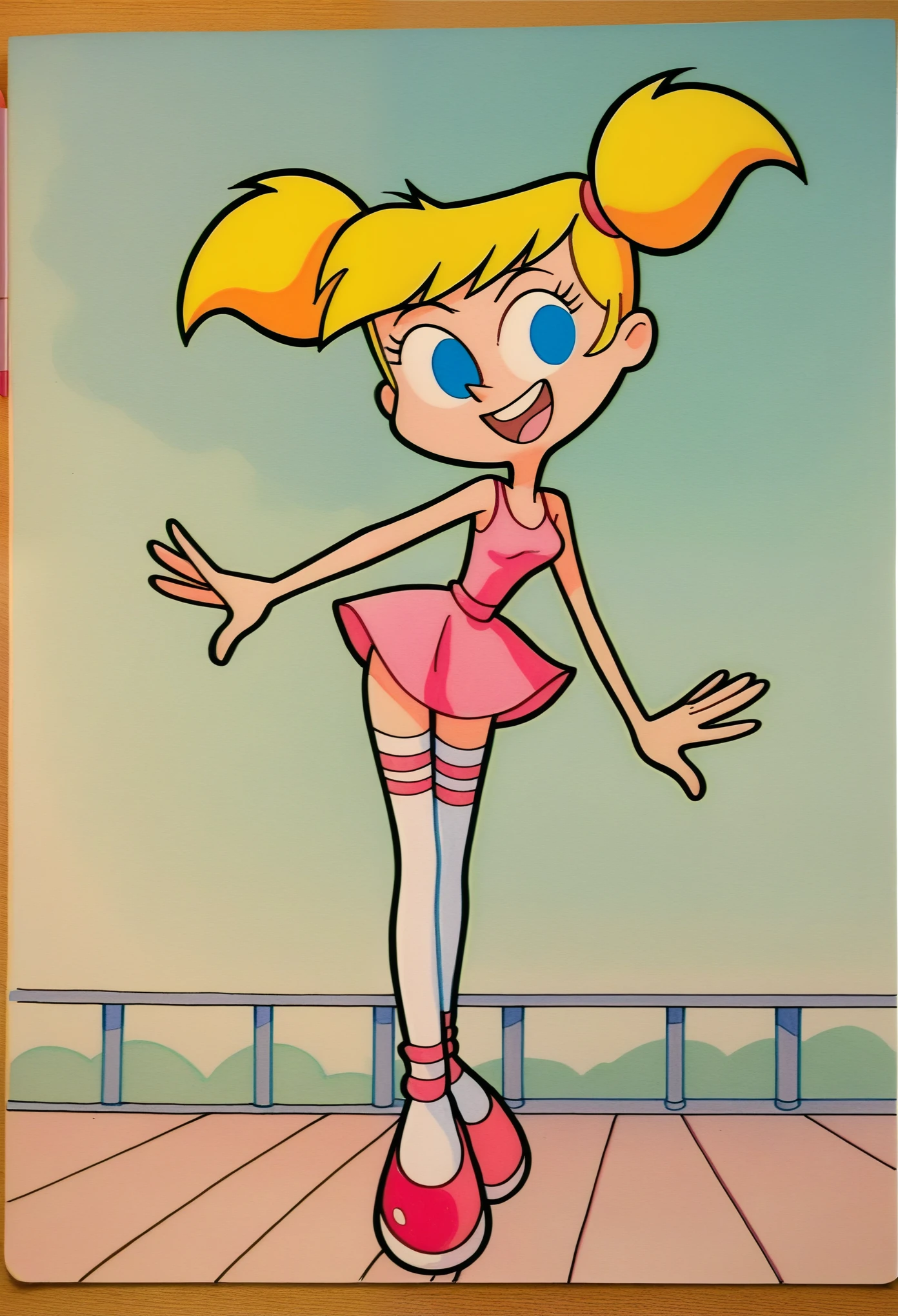 score_8, score_9, source_cartoon, cartoon network style, traditional media, retro artstyle, 2D, 1girl, dee dee, blonde hair, short twintails, blue eyes, ballet dress, ballet shoes