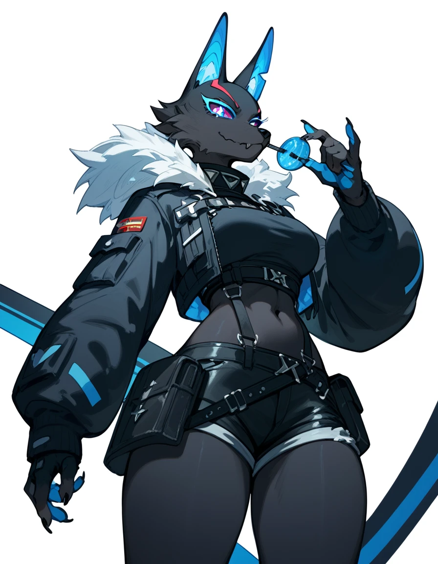 Anthro, furry female, blue inner ear, black fur, black body, blue sclera, wearing black military top, black short shorts, tall and curvy, grinning, simple white background, flat colors,