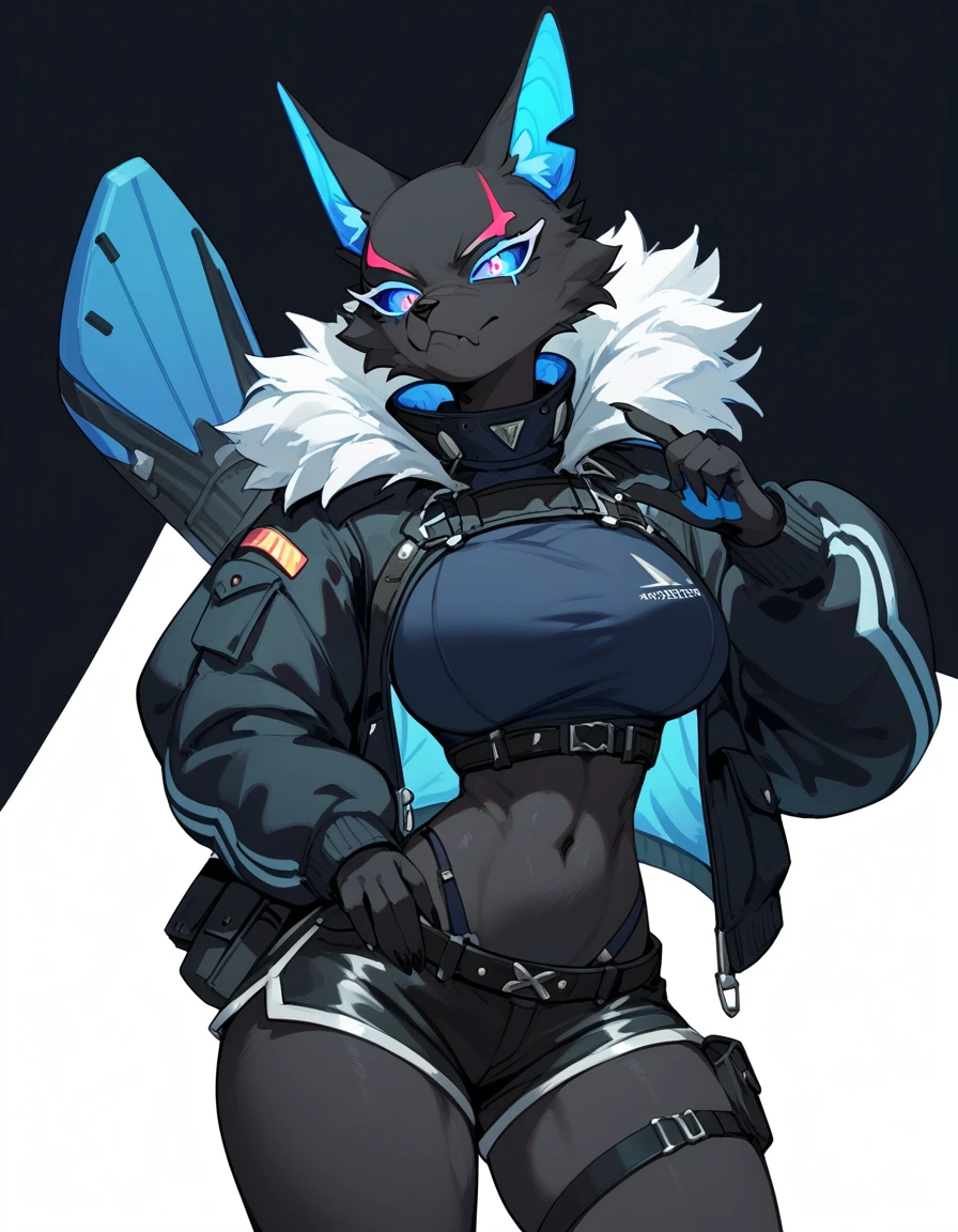 Anthro, furry female, blue inner ear, black fur, black body, blue sclera, wearing black military top, black short shorts, tall and curvy, grinning, simple white background, flat colors, 