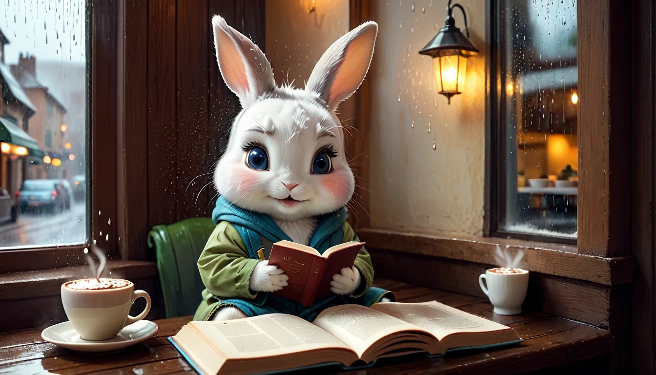 It's raining outside. A scene from a cafe with a warm atmosphere. An anthropomorphized  rabbit is reading a book while drinking hot chocolate at a window seat. The warm light and calm expression are impressive.