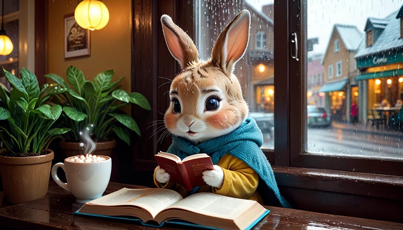 It's raining outside. A scene from a cafe with a warm atmosphere. An anthropomorphized baby rabbit is reading a book while drinking hot chocolate at a window seat. The warm light and calm expression are impressive.