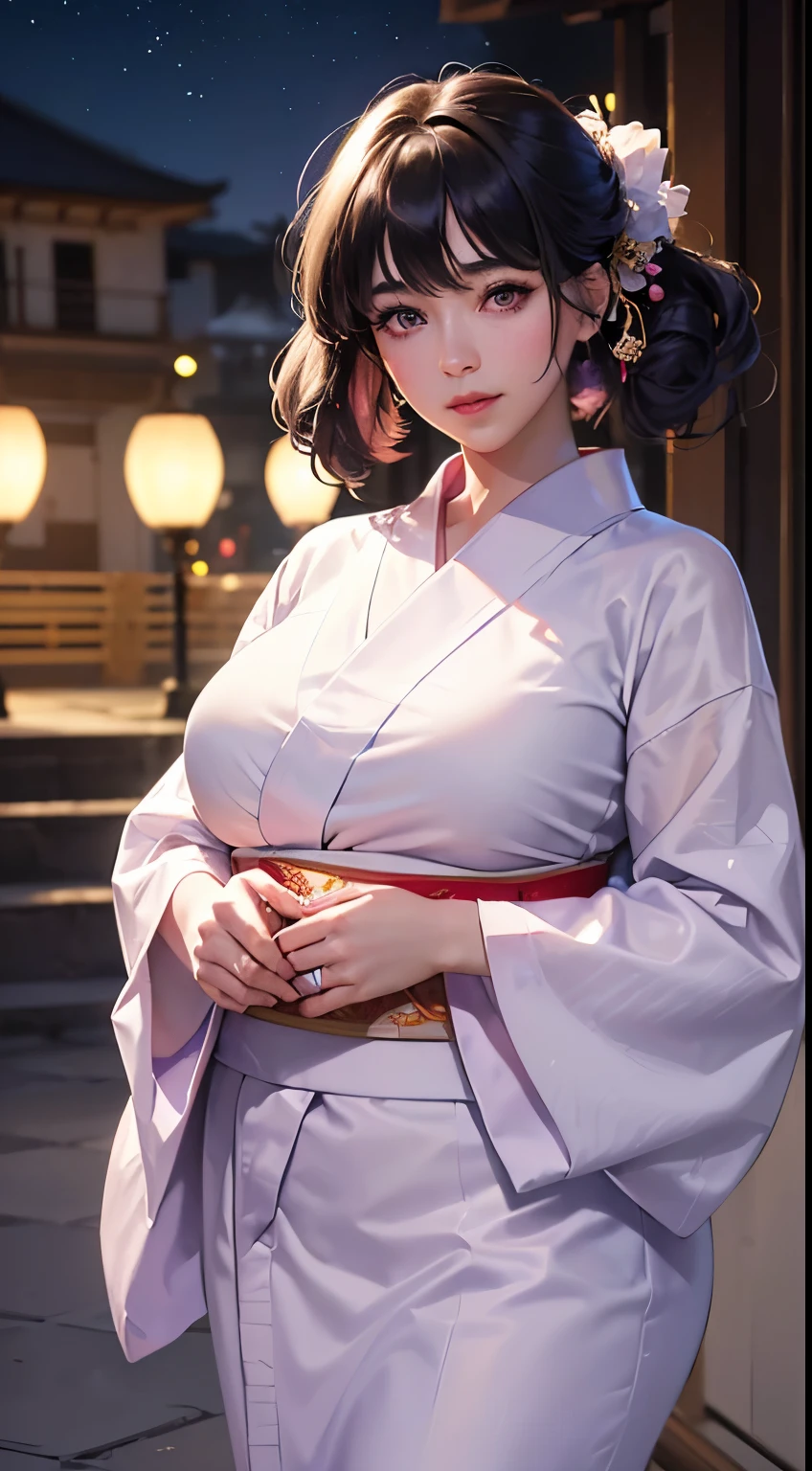 (logo、masterpiece、8K、Tabletop、RAW Photos、wonderful、最high quality、フォトリアリスティックでVery detailedな CG 複合 8K 壁紙、high quality、Very detailed、Narrative poem、Particle Effects、Dynamic Effects、Depth of the Boundary、Cinematic Light、Lens flare、Ray Tracing)、 (One beautiful woman wearing a yukata、White yukata、Light purple pattern)、Black-haired、High definition skin、Very fine、Fine skin texture、Beautiful Face、True Face、Beautiful details in the eyes、Realistic eyes、Beautifully detailed eyes、Realistic Skin、Beautiful Skin、Surreal、Smiling Eyes、Hair and light eyes、vivid、Colorful lights and bokeh、plump lower lip、Pink Lips、Hair flutters in Wind、Hair bounces、wonderful景色、night、evening、Wind、moonlight、moonlight、light