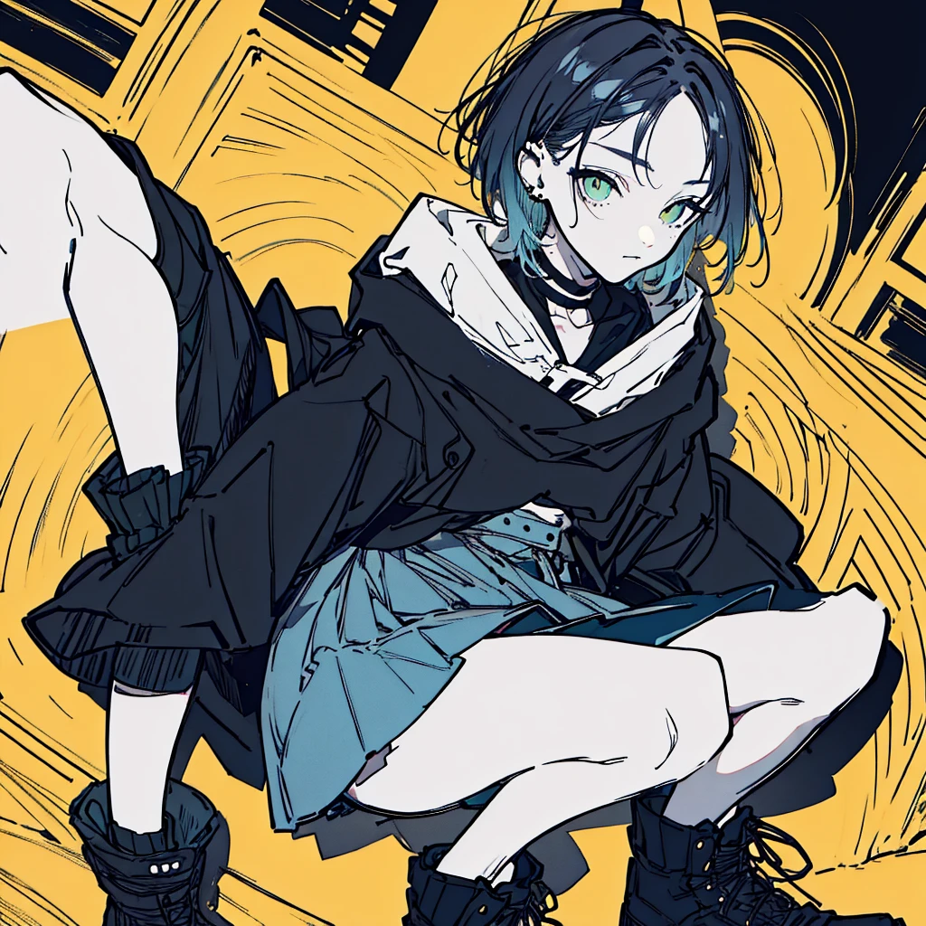 ((body)) skinny, short, pale, freckles on the face, 18 years old ((hair)) long black hair, messy, ((eyes)) green eyes, ((black outfit)) oversize black shirt, blue skirt, knitted shoe covers, black cotton fingerless gloves, black boots, piercings, choker