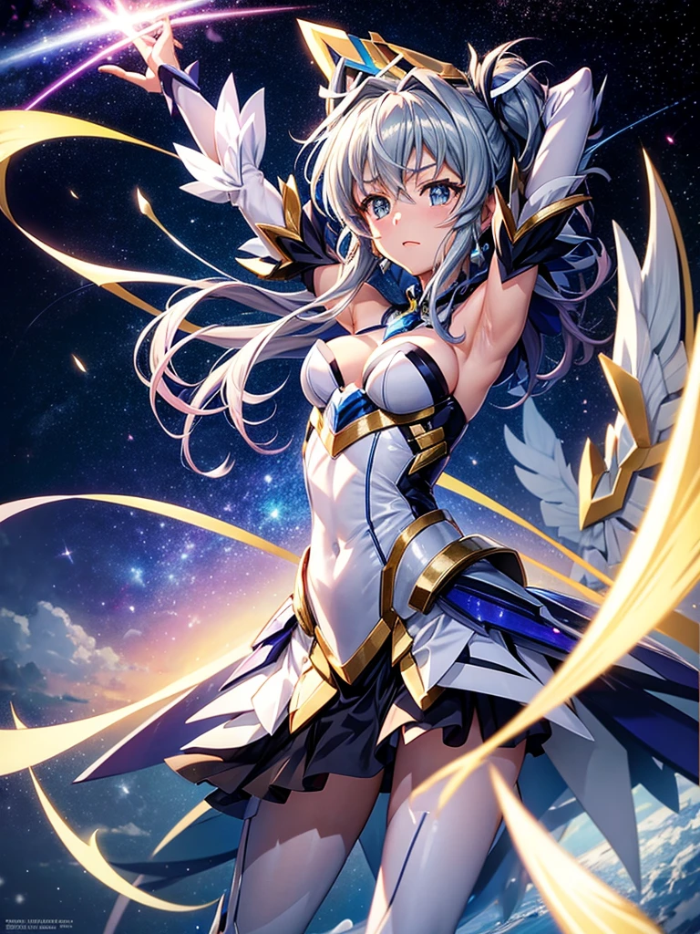 Highest quality,Highest Resolution,A beautiful metallic girl like Tsubasa Kazanari from Symphogear,Earth Behind,universe,Milky Way,