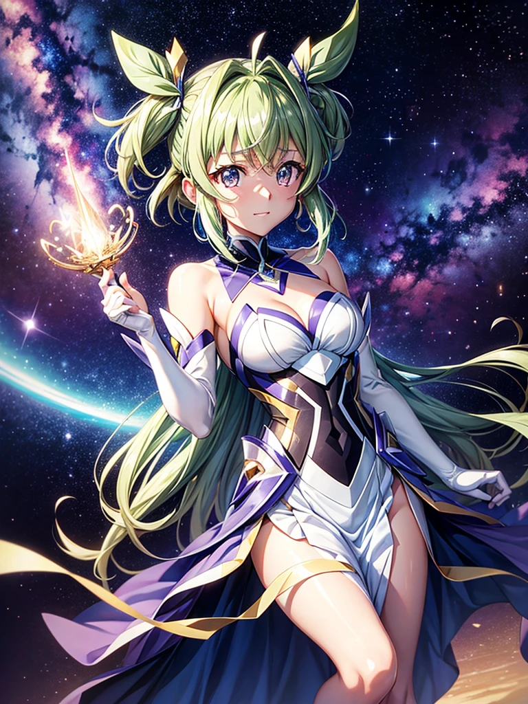 Highest quality,Highest Resolution,A beautiful metallic girl like Tsubasa Kazanari from Symphogear,Earth Behind,universe,Milky Way,