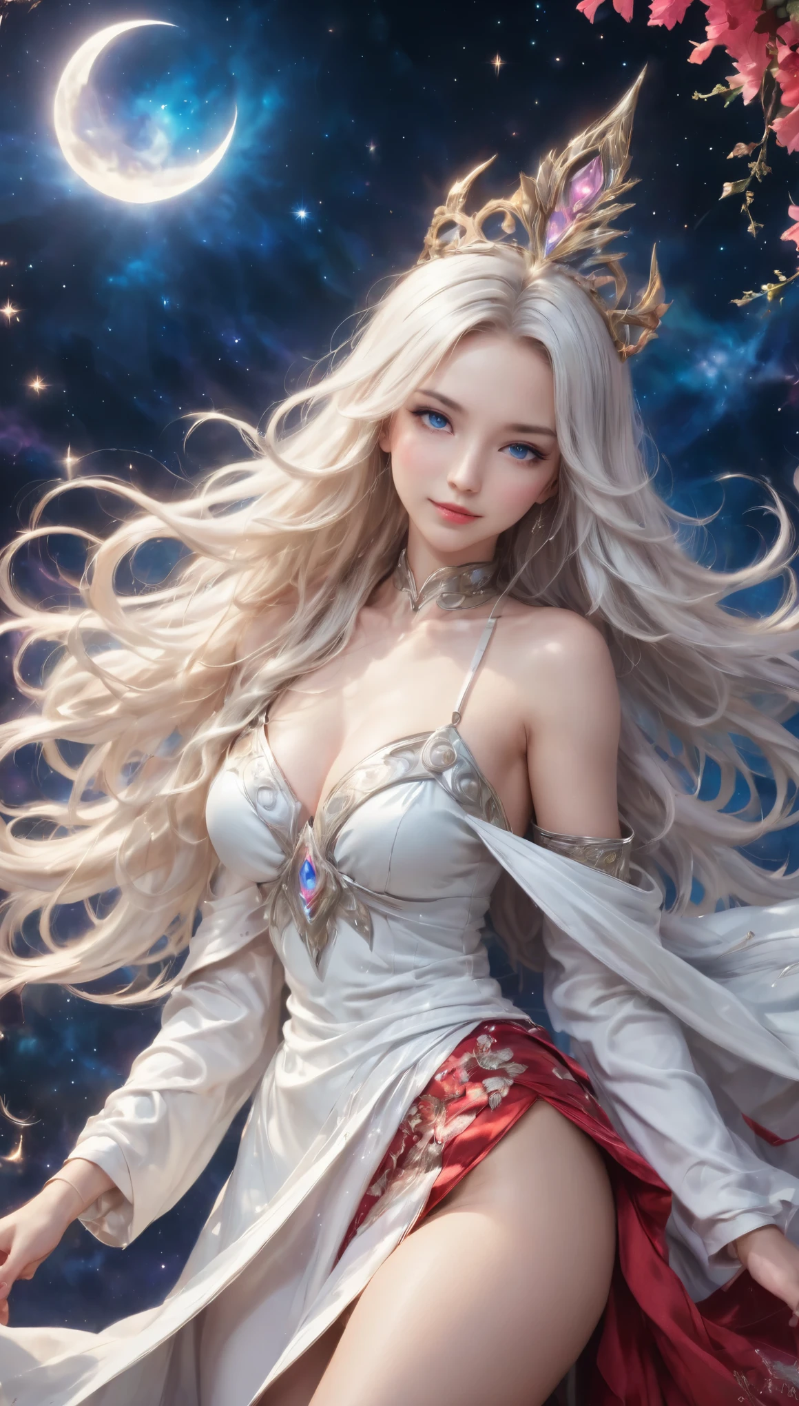 8K resolution, masterpiece, Highest quality, Award-winning works, unrealistic, From above, erotic, sole sexy lady, healthy shaped body, 22 years old, white mage, 170cm tall, huge firm bouncing busts,, white silver long wavy hair, Detailed facial depictions, Break, Mysterious blue eyes, Standard nose, Eyeliner, pink lips, sexy long legs, Clear skin, white mage, A gorgeous long walking stick in seven colors, Gothic , Gothic ruffle long dress, A dress with a complex structure, Seven-colored colorful dress, Clothed in flames, Phoenix Crest, elegant, Very detailed, Delicate depiction of hair, miniature painting, Digital Painting, artステーションコンセプトart, Smooth, Sharp focus, shape, artジャム、Greg Rutkowski、Alphonse Mucha、William Adolphe Bouguereau、art:Stephanie Law , Royal Jewel, nature, Symmetric, Greg Rutkowski, Charlie Bowwater, Unreal, Surreal, Dynamic Lighting, ファンタジーart, Complex colors, Colorful magic circle, flash, dynamic sexy poses, A kind smile, Mysterious Background, Aura, A gentle gaze, BREAK, Small faint lights and flying fireflies, night, lanthanum, 山の頂From above下界を見下ろす, Starry Sky, milky way, nebula, shooting star, Flowers, birds, wind and moon, (Back view, Looking back towards the camera:1.3), healing magic