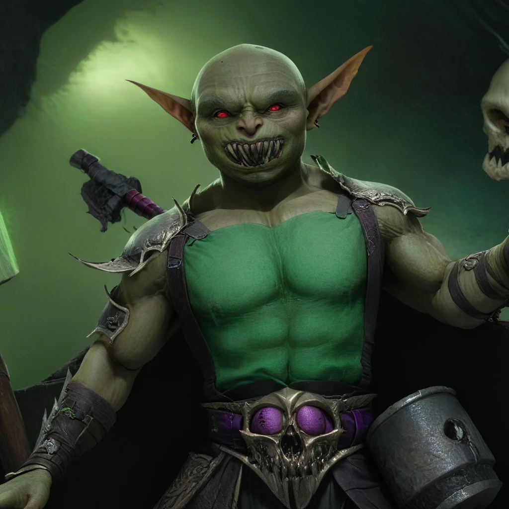 a small male goblin (1.40m), green skin, bald, frowning, scar on the face, purple left iris, black right eye iris, with a staff in his hand (necromancy). (scenery)forest a carriage with barrels, surrounded by undead, full body image, cinematic lighting, 8k, hyper realistic, masterpiece, fantasy art