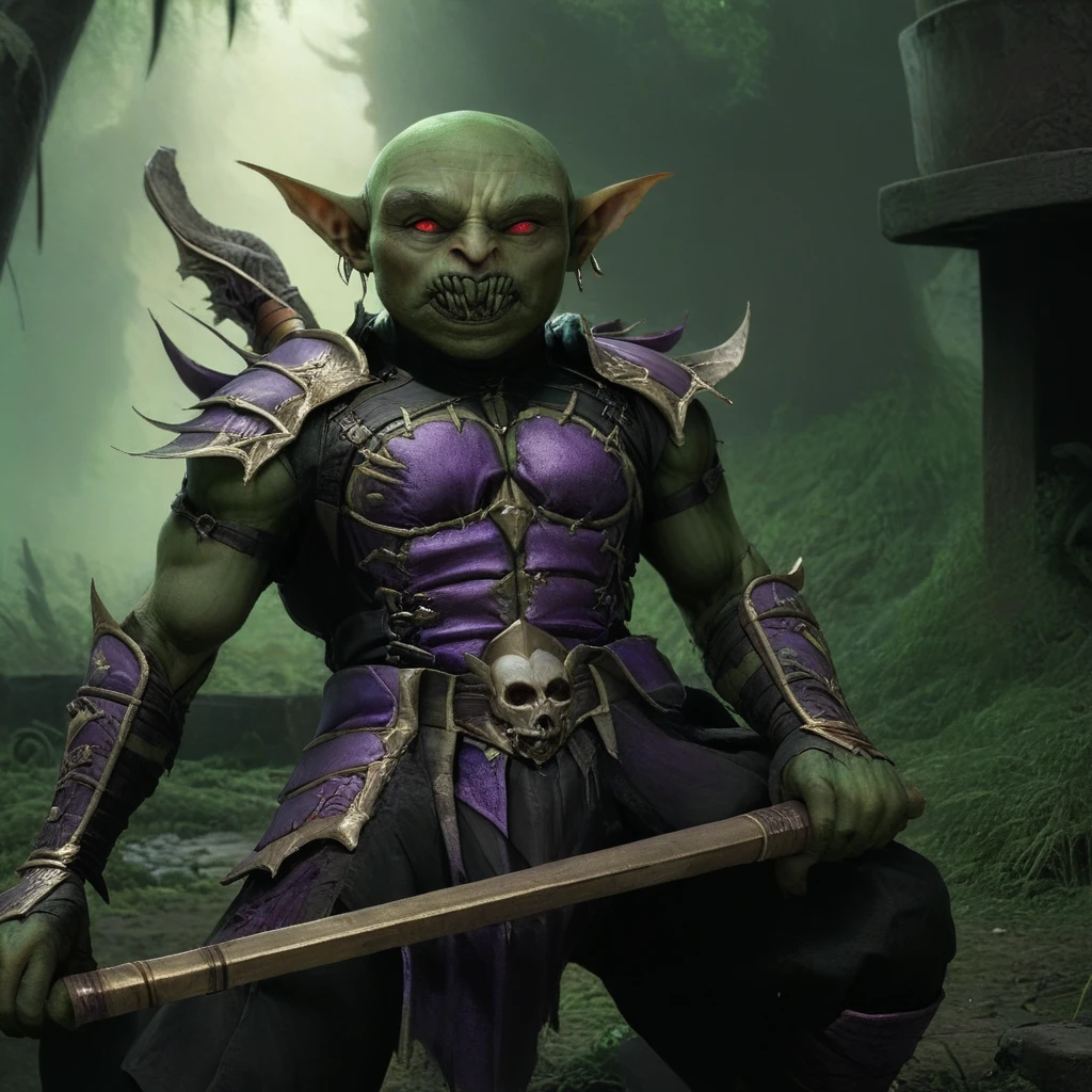 a small male goblin (1.40m), green skin, bald, frowning, scar on the face, purple left iris, black right eye iris, with a staff in his hand (necromancy). (scenery)forest a carriage with barrels, surrounded by undead, full body image, cinematic lighting, 8k, hyper realistic, masterpiece, fantasy art