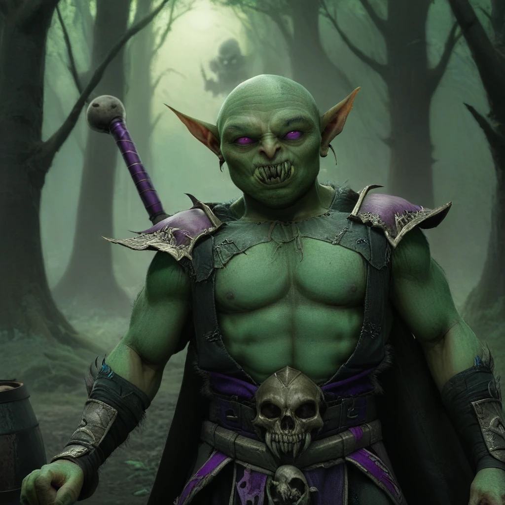 a small male goblin (1.40m), green skin, bald, frowning, scar on the face, purple left iris, black right eye iris, with a staff in his hand (necromancy). (scenery)forest a carriage with barrels, surrounded by undead, full body image, cinematic lighting, 8k, hyper realistic, masterpiece, fantasy art