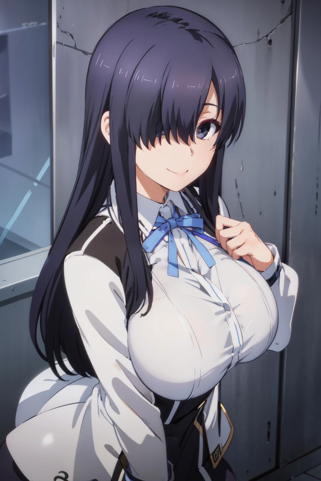 (((pixel-perfect, detail-perfect))), solo, 1girl, ayase ayatsuji, hair over one eye, , looking at viewer, smile, big breast
