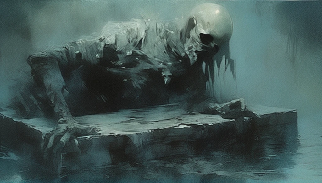 Gerald Brom Style - The CORINTHIAN Daemon character,,Dramatic dynamic portrait Dave McKean Art Style,,eerie atmosphere,,Grimdark gritty texture,, subtle light exposing other entities ,teeth exaggerated oral fixation,,holding wispy flamed black candles,with Graphic wisping smoke . Grotesquely ominous silhouettes,a man in distress,as his bed is pulled into a dark swampy pool, decaying texture, atmospheric backlighting, haunting imagery. Sleep paralysis phobias