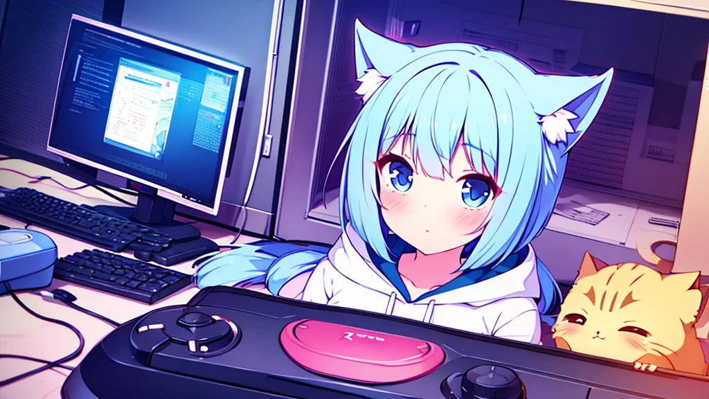 1 beautiful girl, great image quality ,nekomimi, with lots of detail, ray tracing, in a gaming,outfit hoodie, short pleated mini skirt, gamer, long stockings, blue eyes, blue hair long, , in a neon room, PC gaming, perfect anatomy,