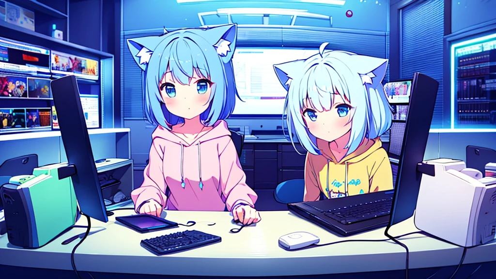 1 beautiful girl, great image quality ,nekomimi, with lots of detail, ray tracing, in a gaming,outfit hoodie, short pleated mini skirt, gamer, long stockings, blue eyes, blue hair long, , in a neon room, PC gaming, perfect anatomy,