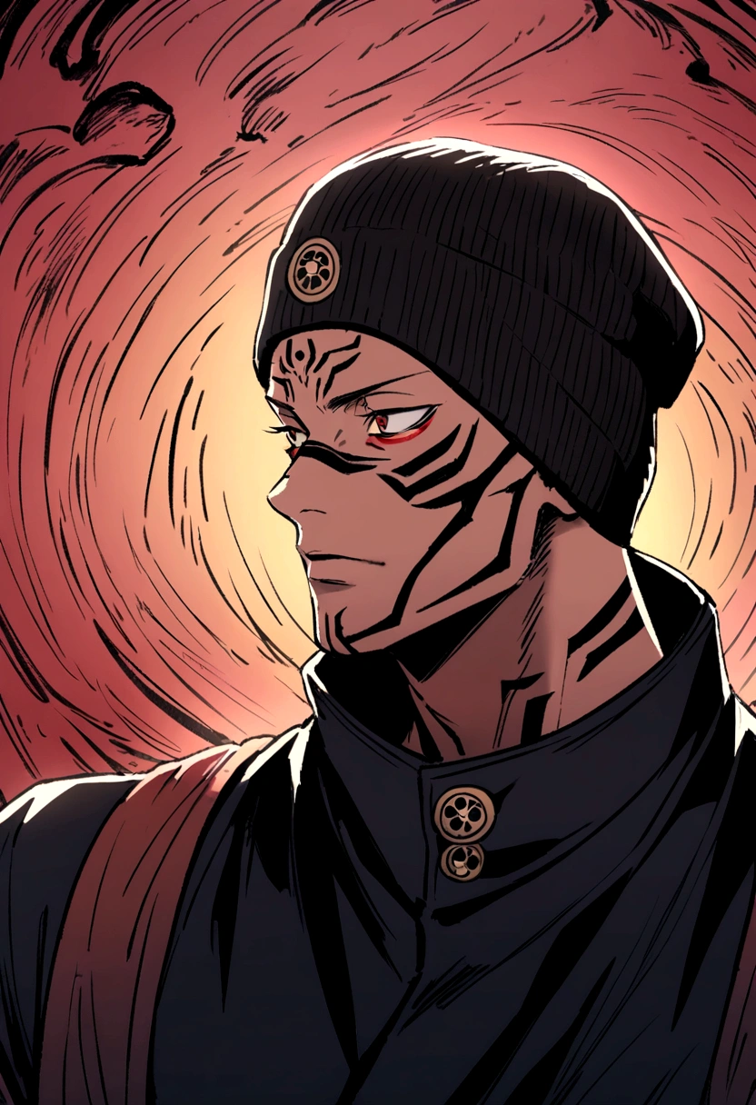 ryomen sukuna from jujutsu kaisen with black beanie doing domain expansion